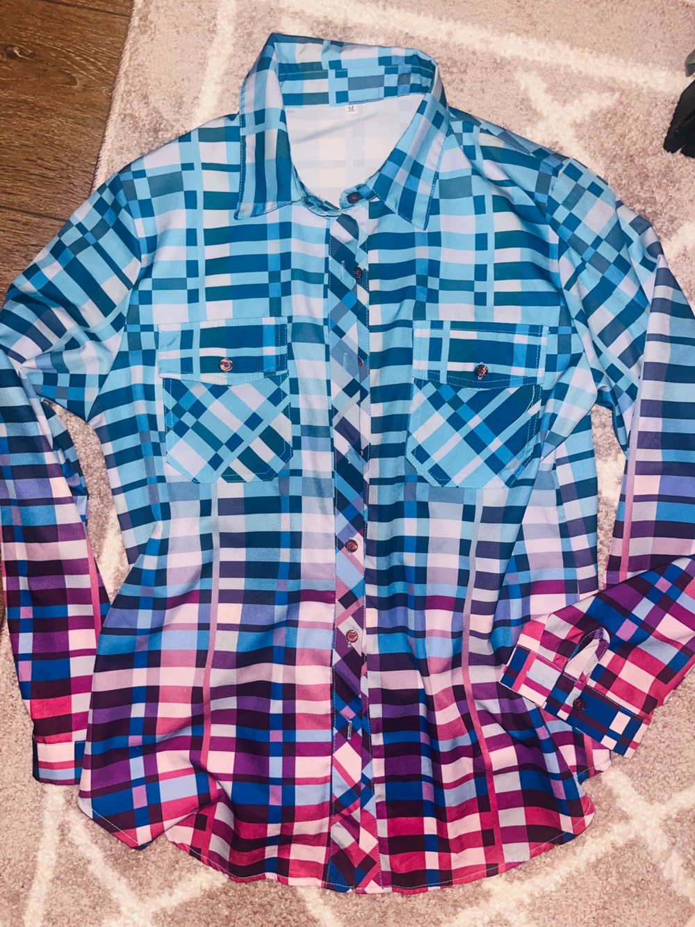Womens Ombre Plaid Button-Up Shirt - Blue & Pink